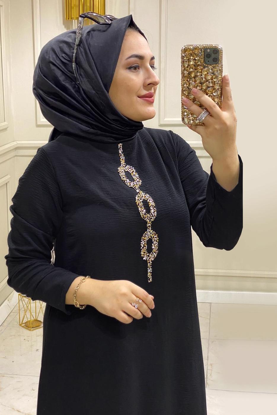 Tesettür giyim SİYAH TAŞ İŞLEMELİ YANI YIRTMAÇLI İKİLİ PANTOLONLU TAKIM T 30481