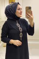 Tesettür giyim SİYAH TAŞ İŞLEMELİ YANI YIRTMAÇLI İKİLİ PANTOLONLU TAKIM T 30481