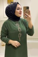 Tesettür giyim HAKİ TAŞ İŞLEMELİ YANI YIRTMAÇLI İKİLİ PANTOLONLU TAKIM T 30481