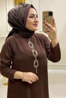 Tesettür giyim KAHVE TAŞ İŞLEMELİ YANI YIRTMAÇLI İKİLİ PANTOLONLU TAKIM T 30481