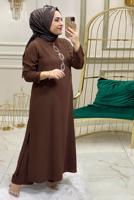 Tesettür giyim KAHVE TAŞ İŞLEMELİ YANI YIRTMAÇLI İKİLİ PANTOLONLU TAKIM T 30481