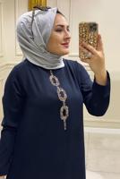 Tesettür giyim LACİVERT TAŞ İŞLEMELİ YANI YIRTMAÇLI İKİLİ PANTOLONLU TAKIM T 30481