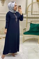 Tesettür giyim LACİVERT TAŞ İŞLEMELİ YANI YIRTMAÇLI İKİLİ PANTOLONLU TAKIM T 30481