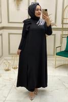 Tesettür giyim SİYAH İŞLEMELİ FIRFIR DETAYLI İKİLİ PANTOLONLU TAKIM T 30512