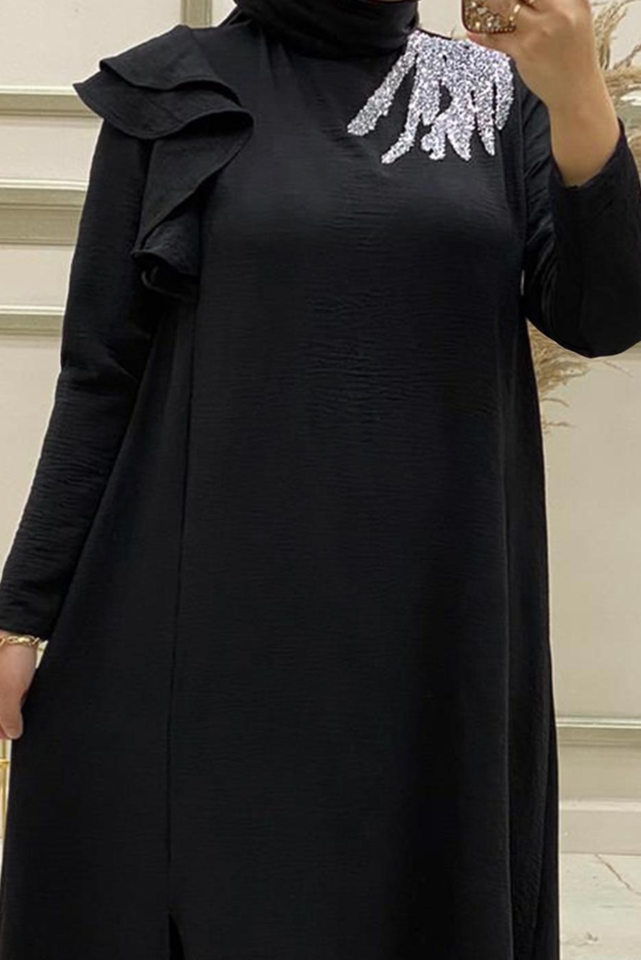 Tesettür giyim SİYAH İŞLEMELİ FIRFIR DETAYLI İKİLİ PANTOLONLU TAKIM T 30512