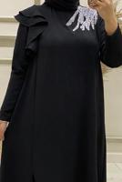 Tesettür giyim SİYAH İŞLEMELİ FIRFIR DETAYLI İKİLİ PANTOLONLU TAKIM T 30512