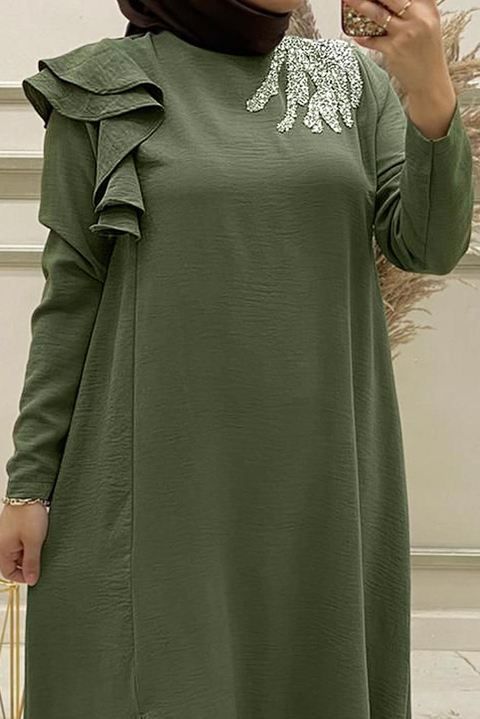 Tesettür giyim HAKİ İŞLEMELİ FIRFIR DETAYLI İKİLİ PANTOLONLU TAKIM T 30512