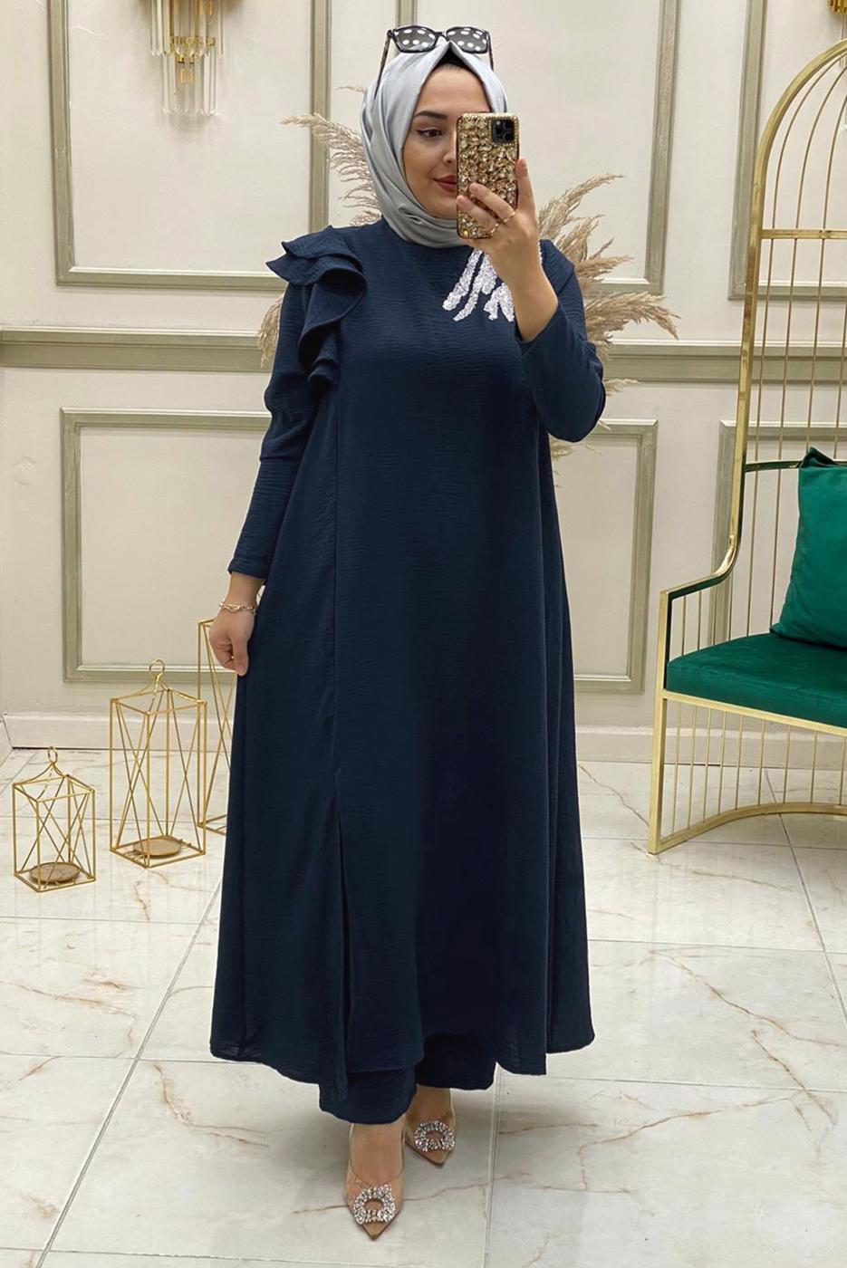 Tesettür giyim LACİVERT İŞLEMELİ FIRFIR DETAYLI İKİLİ PANTOLONLU TAKIM T 30512
