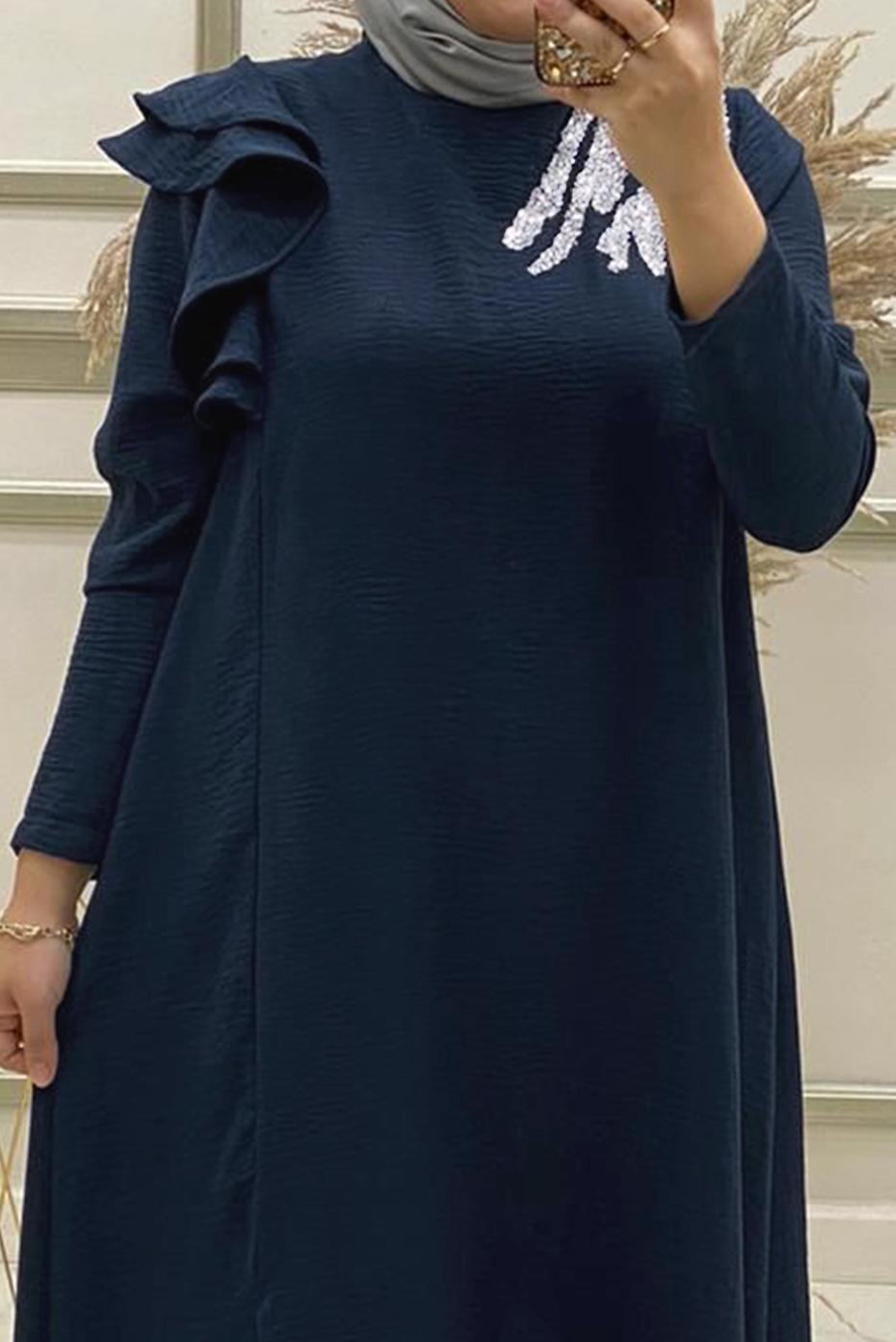 Tesettür giyim LACİVERT İŞLEMELİ FIRFIR DETAYLI İKİLİ PANTOLONLU TAKIM T 30512