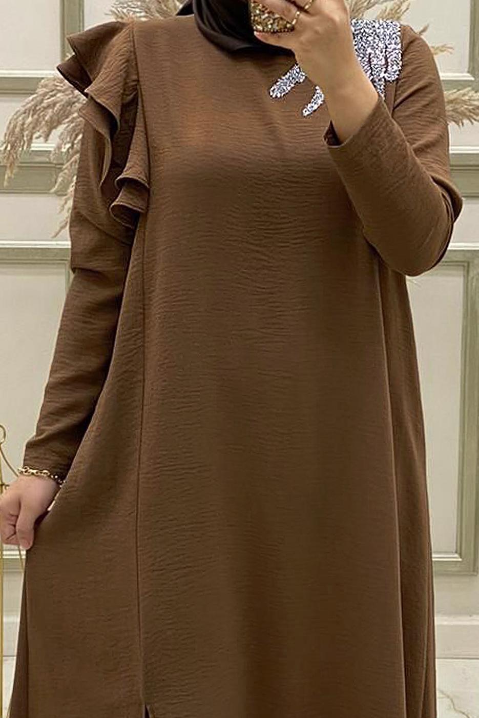 Tesettür giyim TABA İŞLEMELİ FIRFIR DETAYLI İKİLİ PANTOLONLU TAKIM T 30512