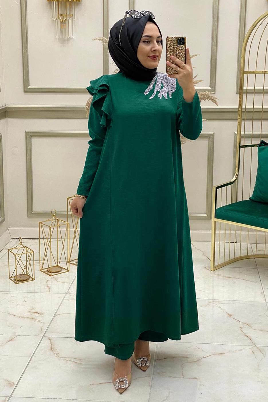 Tesettür giyim YEŞİL İŞLEMELİ FIRFIR DETAYLI İKİLİ PANTOLONLU TAKIM T 30512