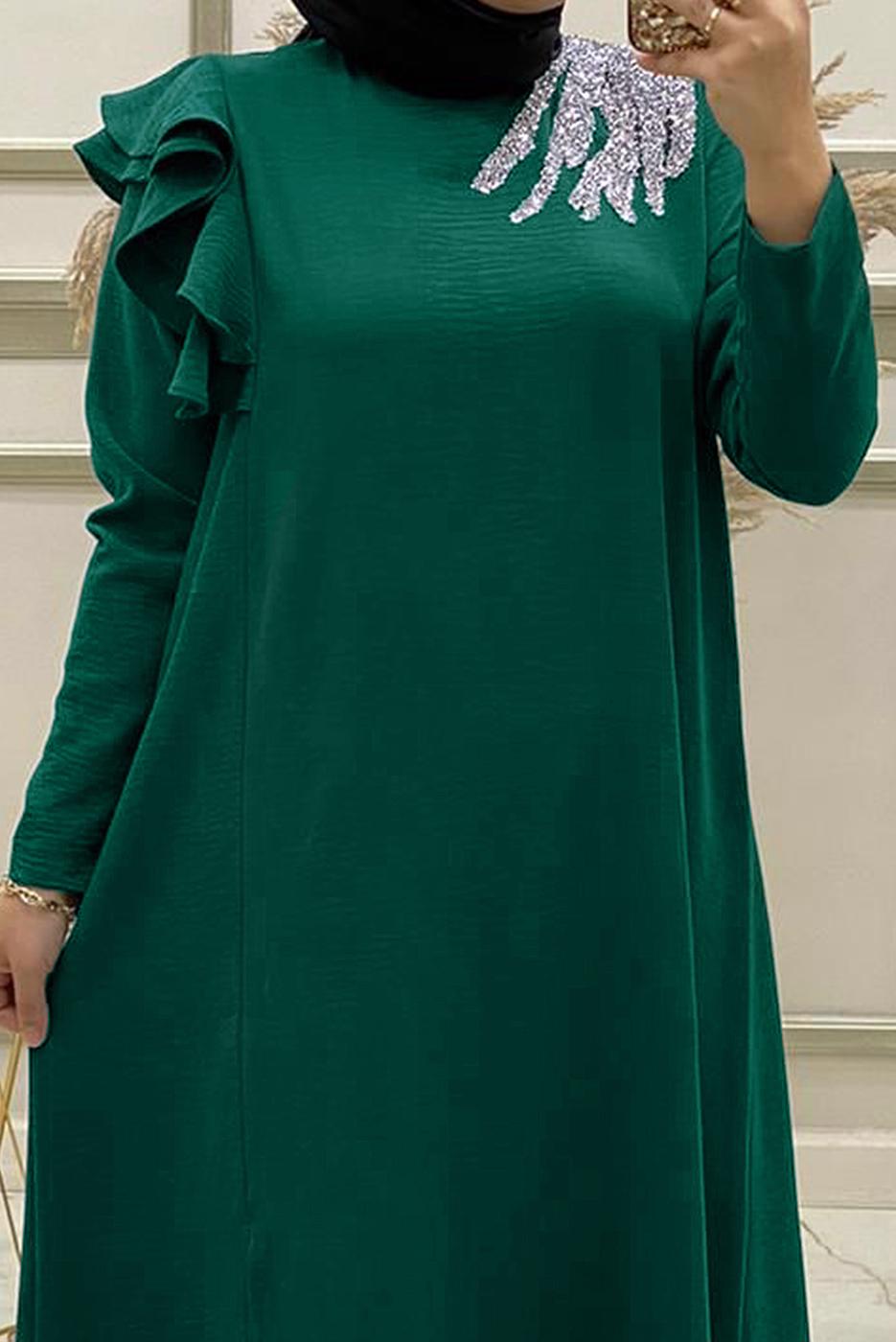 Tesettür giyim YEŞİL İŞLEMELİ FIRFIR DETAYLI İKİLİ PANTOLONLU TAKIM T 30512