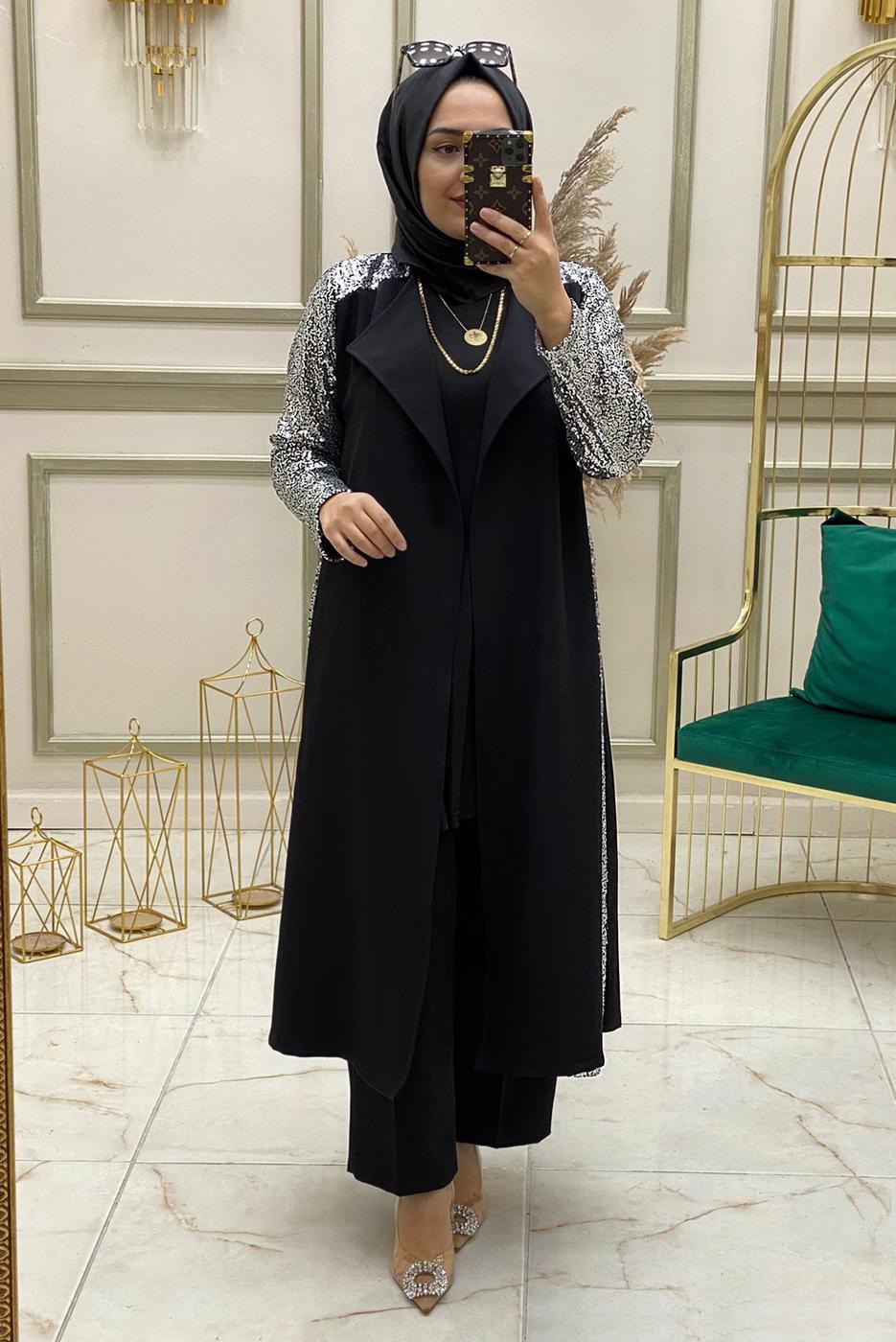 Tesettür giyim SİYAH KOLU PUL PAYET İŞLEMELİ İKİLİ PANTOLONLU TAKIM T 30724