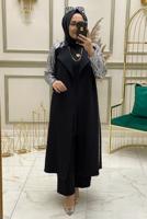 Tesettür giyim SİYAH KOLU PUL PAYET İŞLEMELİ İKİLİ PANTOLONLU TAKIM T 30724