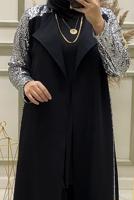 Tesettür giyim SİYAH KOLU PUL PAYET İŞLEMELİ İKİLİ PANTOLONLU TAKIM T 30724