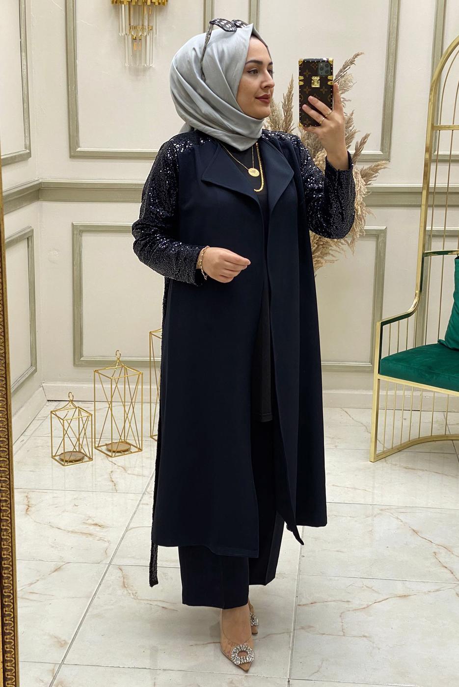 Tesettür giyim LACİVERT KOLU PUL PAYET İŞLEMELİ İKİLİ PANTOLONLU TAKIM T 30724