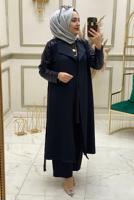 Tesettür giyim LACİVERT KOLU PUL PAYET İŞLEMELİ İKİLİ PANTOLONLU TAKIM T 30724