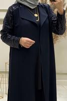 Tesettür giyim LACİVERT KOLU PUL PAYET İŞLEMELİ İKİLİ PANTOLONLU TAKIM T 30724