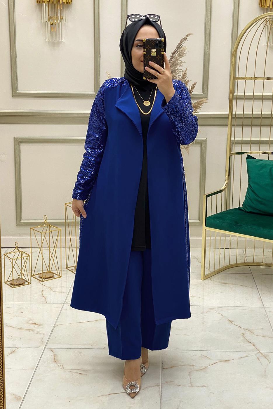 Tesettür giyim LACİVERT KOLU PUL PAYET İŞLEMELİ İKİLİ PANTOLONLU TAKIM T 30724