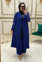 Tesettür giyim LACİVERT KOLU PUL PAYET İŞLEMELİ İKİLİ PANTOLONLU TAKIM T 30724