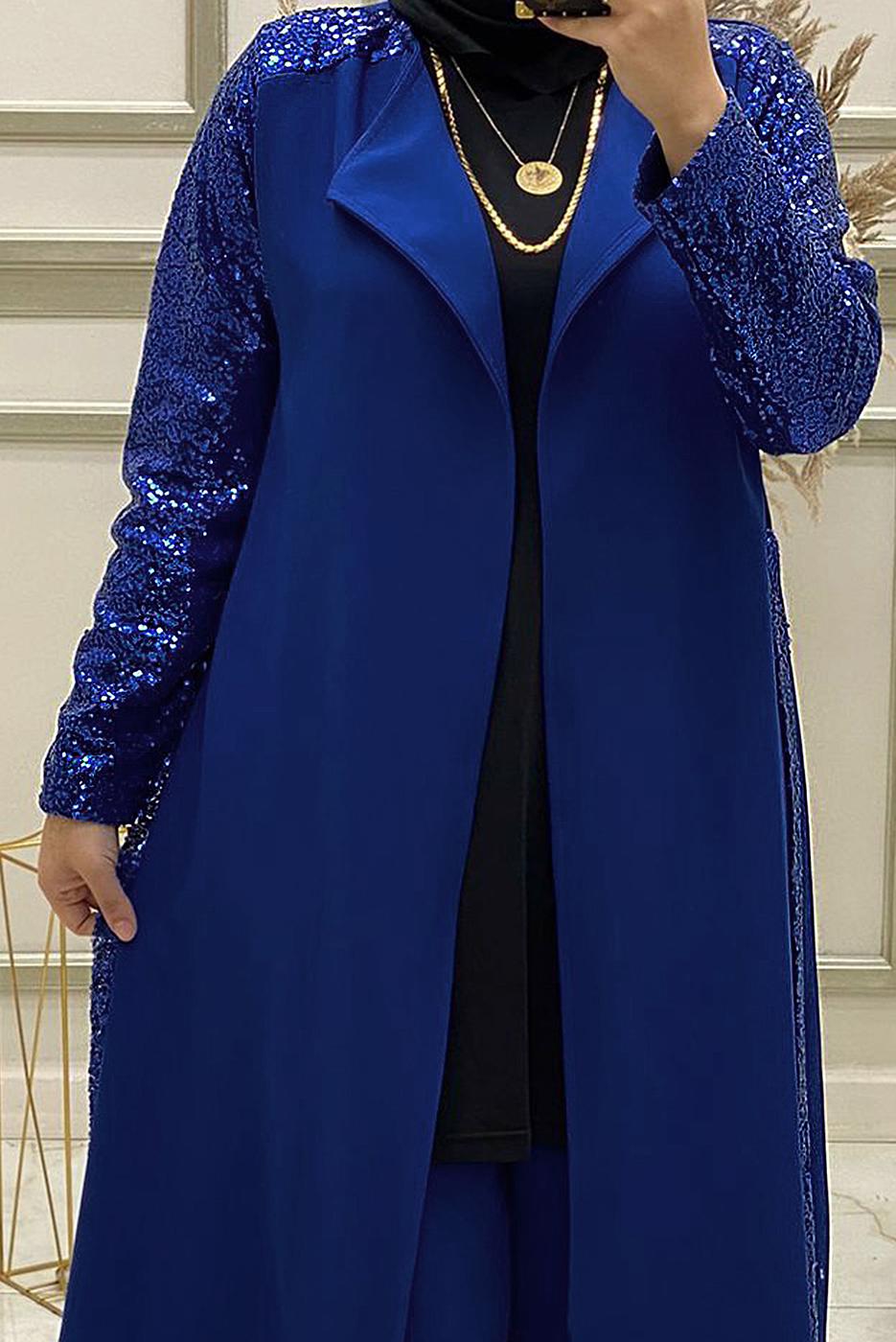 Tesettür giyim LACİVERT KOLU PUL PAYET İŞLEMELİ İKİLİ PANTOLONLU TAKIM T 30724