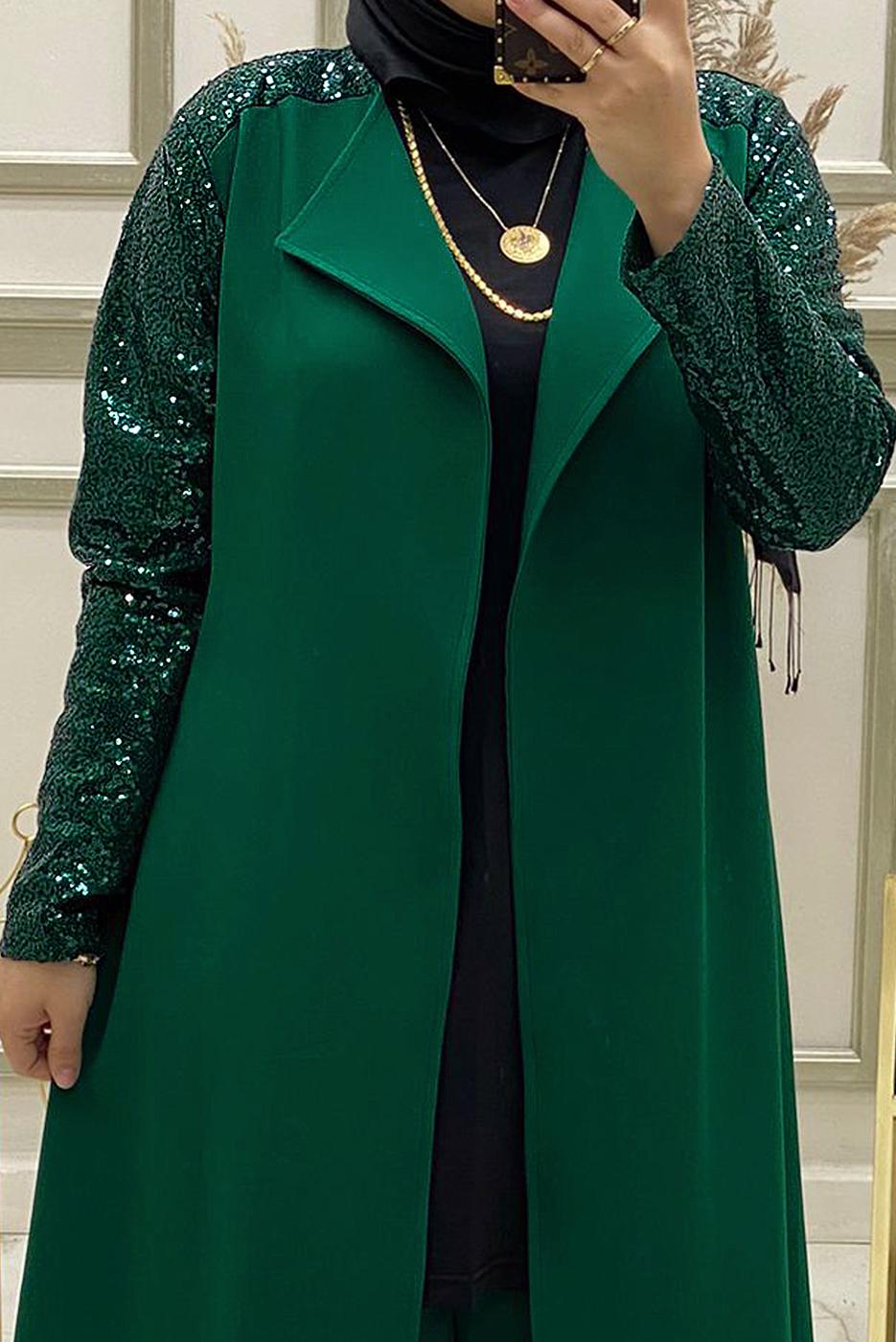 Tesettür giyim YEŞİL KOLU PUL PAYET İŞLEMELİ İKİLİ PANTOLONLU TAKIM T 30724