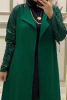 Tesettür giyim YEŞİL KOLU PUL PAYET İŞLEMELİ İKİLİ PANTOLONLU TAKIM T 30724