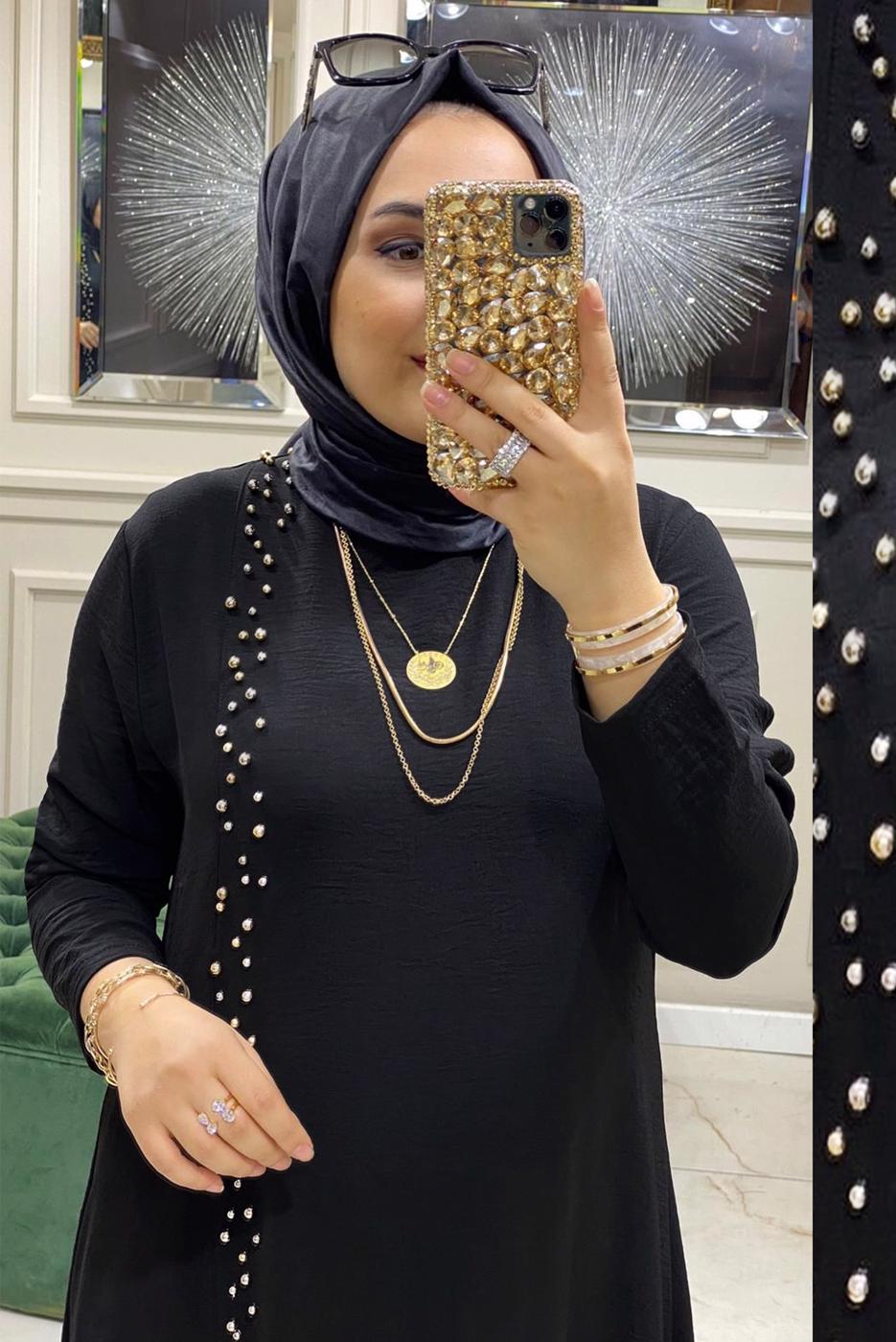 Tesettür giyim SİYAH BONCUK İŞLEMELİ İKİLİ PANTOLONLU TAKIM T 30911