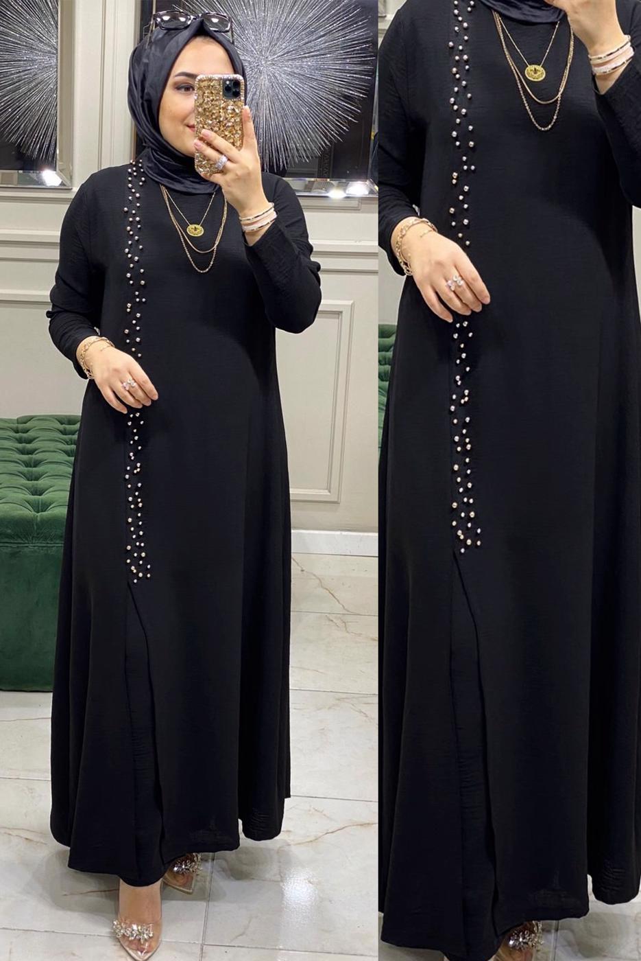 Tesettür giyim SİYAH BONCUK İŞLEMELİ İKİLİ PANTOLONLU TAKIM T 30911