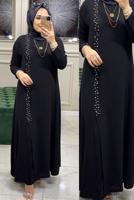 Tesettür giyim SİYAH BONCUK İŞLEMELİ İKİLİ PANTOLONLU TAKIM T 30911