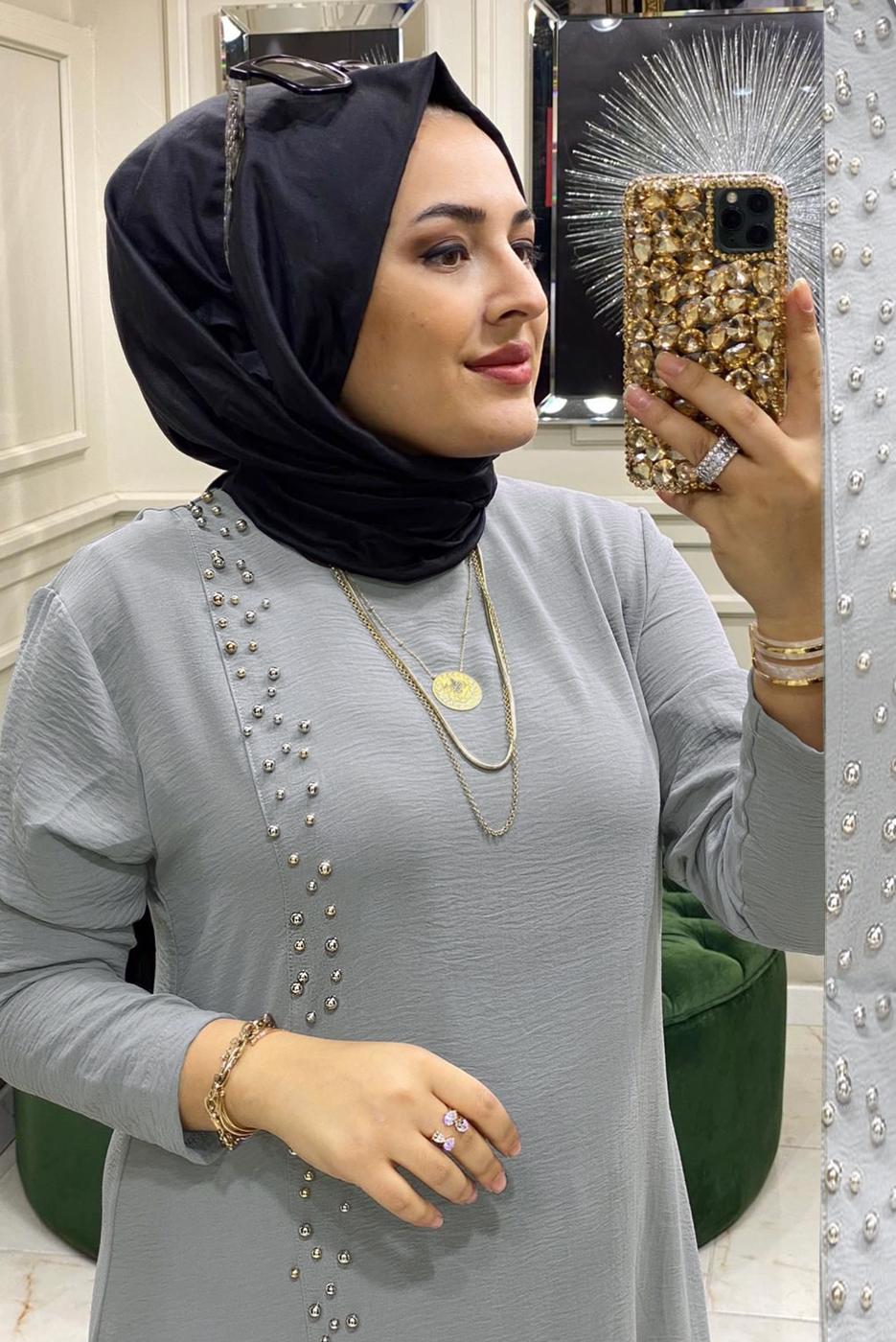 Tesettür giyim GRİ BONCUK İŞLEMELİ İKİLİ PANTOLONLU TAKIM T 30911