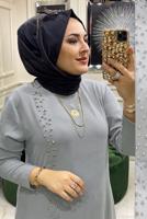 Tesettür giyim GRİ BONCUK İŞLEMELİ İKİLİ PANTOLONLU TAKIM T 30911