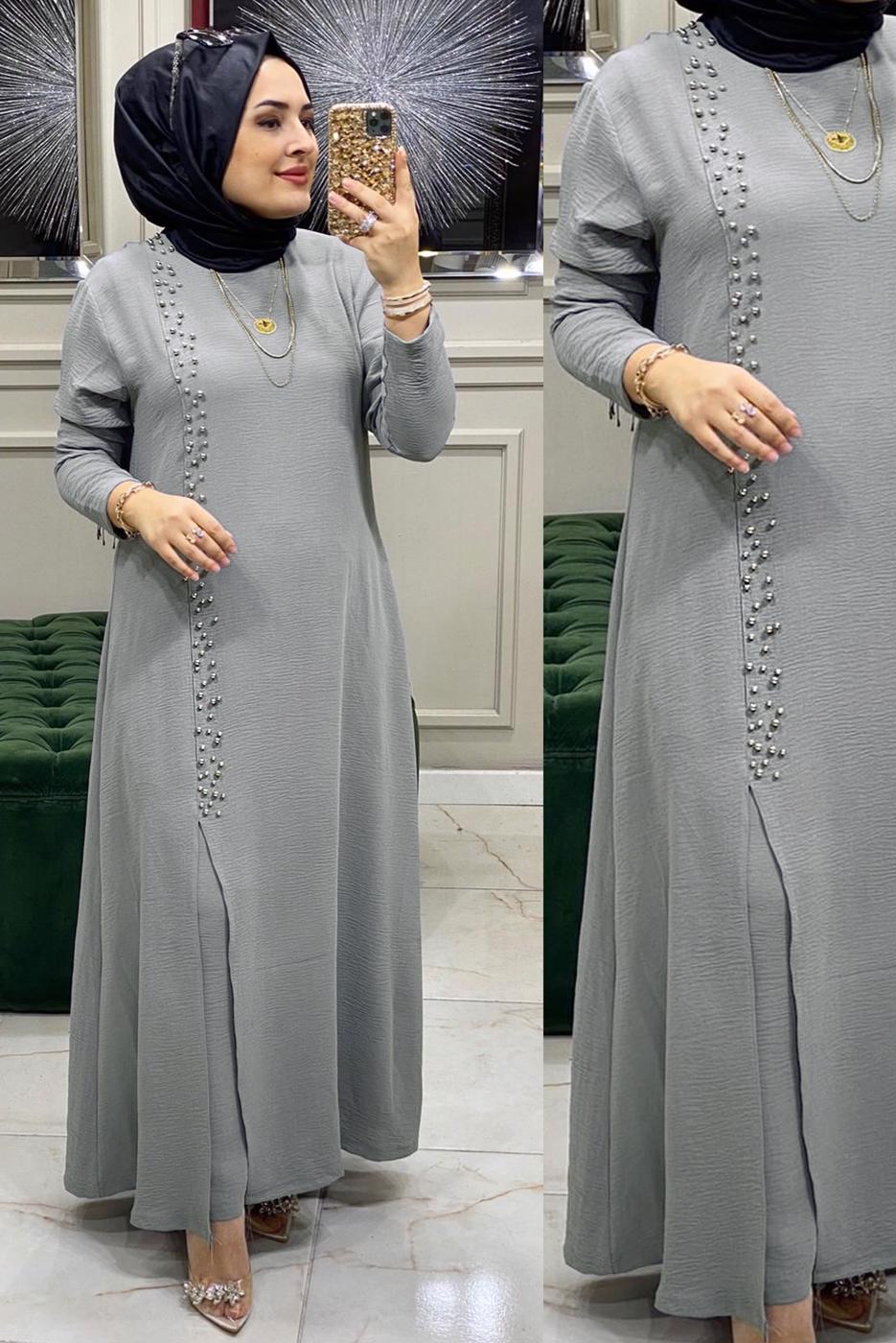 Tesettür giyim GRİ BONCUK İŞLEMELİ İKİLİ PANTOLONLU TAKIM T 30911