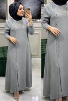 Tesettür giyim GRİ BONCUK İŞLEMELİ İKİLİ PANTOLONLU TAKIM T 30911
