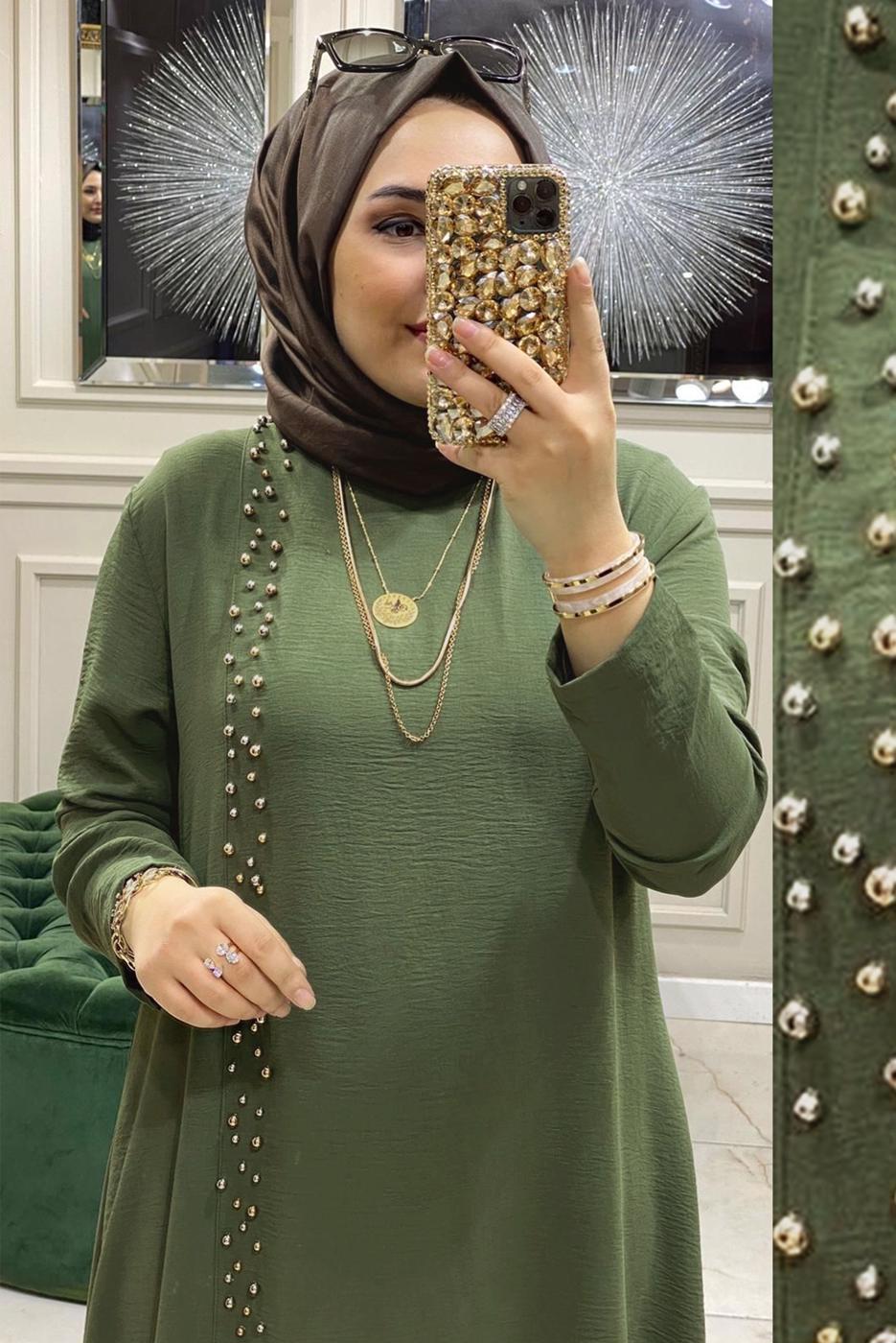 Vêtements hijab KAKI ENSEMBLE PANTALON 2 PIÈCES PERLÉ T 30911