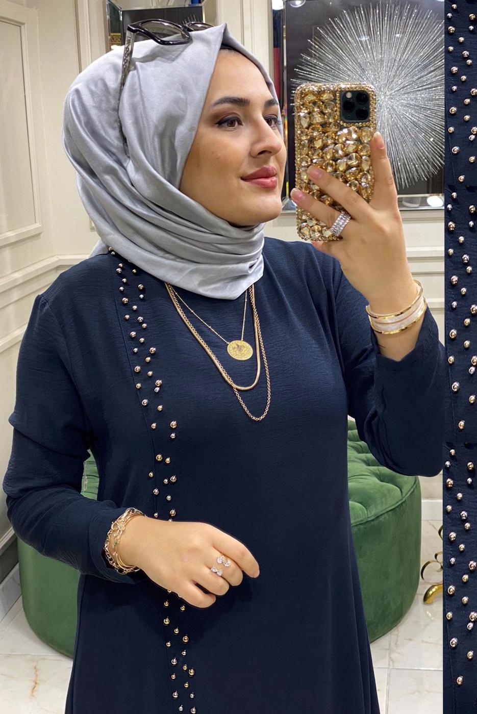 Tesettür giyim LACİVERT BONCUK İŞLEMELİ İKİLİ PANTOLONLU TAKIM T 30911