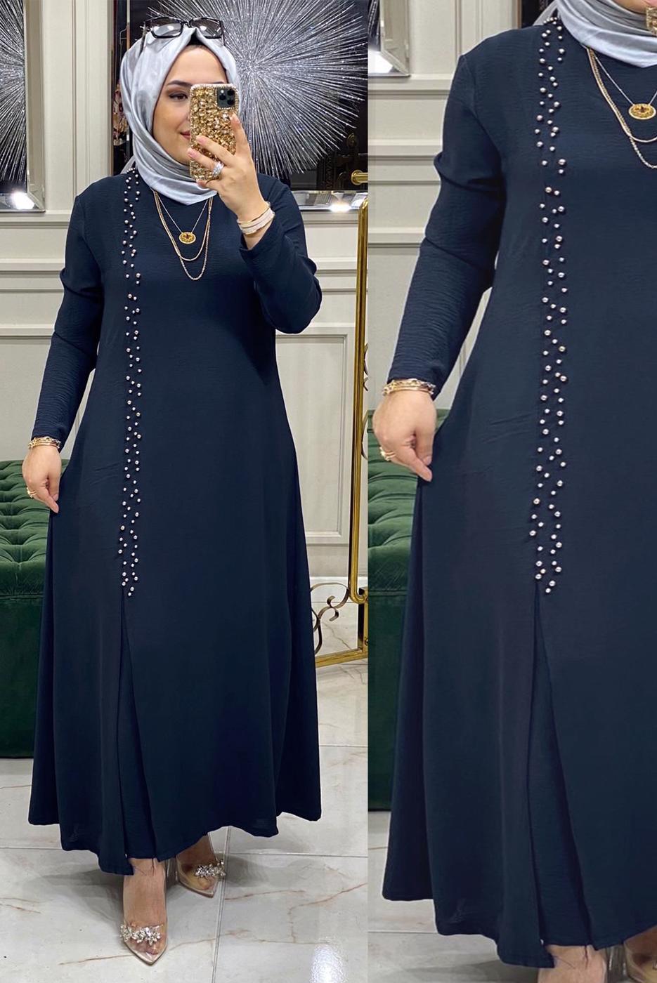 Tesettür giyim LACİVERT BONCUK İŞLEMELİ İKİLİ PANTOLONLU TAKIM T 30911