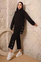 Tesettür giyim SİYAH KAPÜŞONLU DÜĞME DETAYLI İKİLİ PANTOLONLU TAKIM T 3292