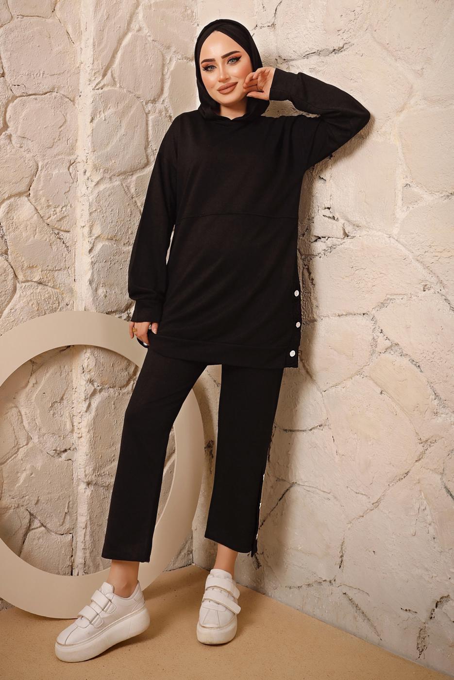 Tesettür giyim SİYAH KAPÜŞONLU DÜĞME DETAYLI İKİLİ PANTOLONLU TAKIM T 3292