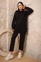 Tesettür giyim SİYAH KAPÜŞONLU DÜĞME DETAYLI İKİLİ PANTOLONLU TAKIM T 3292