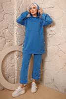 Tesettür giyim MAVİ KAPÜŞONLU DÜĞME DETAYLI İKİLİ PANTOLONLU TAKIM T 3292