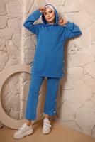 Tesettür giyim MAVİ KAPÜŞONLU DÜĞME DETAYLI İKİLİ PANTOLONLU TAKIM T 3292