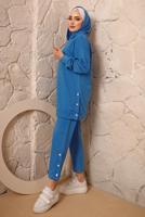 Tesettür giyim MAVİ KAPÜŞONLU DÜĞME DETAYLI İKİLİ PANTOLONLU TAKIM T 3292