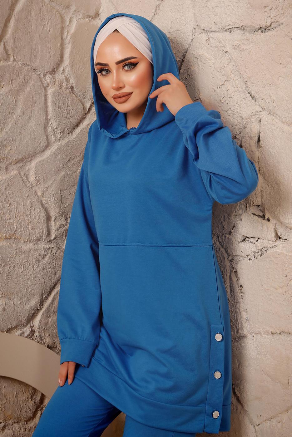 Tesettür giyim MAVİ KAPÜŞONLU DÜĞME DETAYLI İKİLİ PANTOLONLU TAKIM T 3292