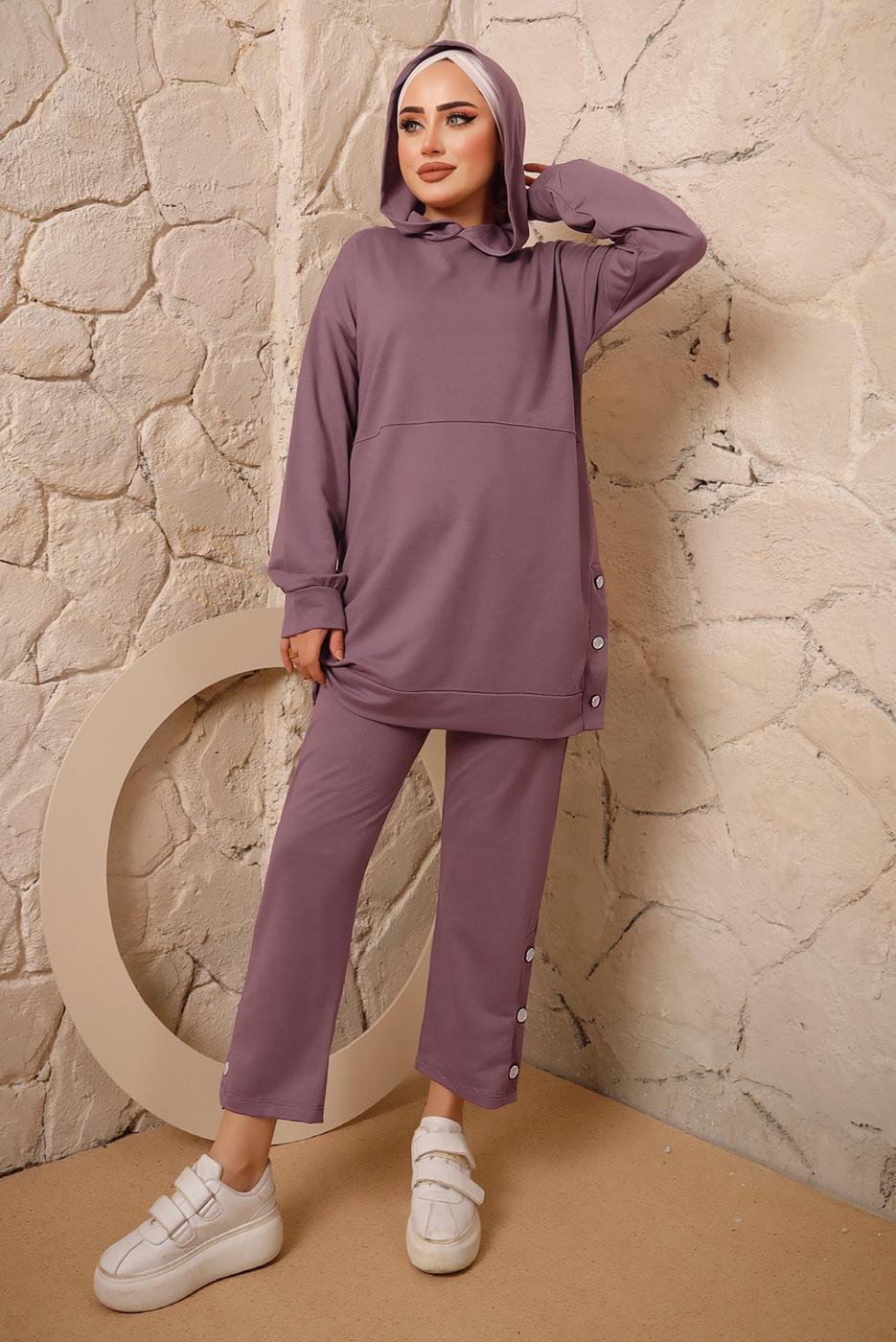 Tesettür giyim MOR KAPÜŞONLU DÜĞME DETAYLI İKİLİ PANTOLONLU TAKIM T 3292