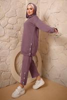 Tesettür giyim MOR KAPÜŞONLU DÜĞME DETAYLI İKİLİ PANTOLONLU TAKIM T 3292