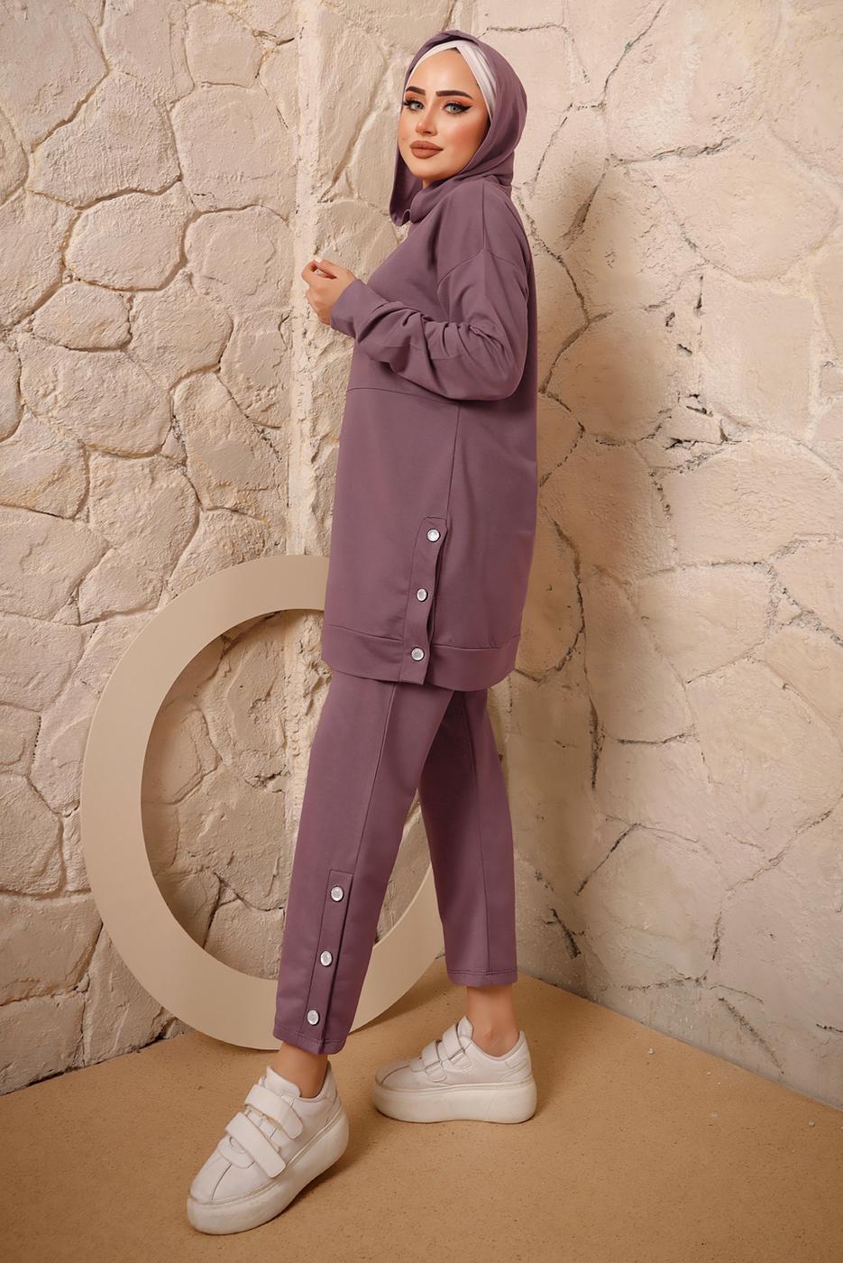 Tesettür giyim MOR KAPÜŞONLU DÜĞME DETAYLI İKİLİ PANTOLONLU TAKIM T 3292