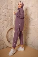 Tesettür giyim MOR KAPÜŞONLU DÜĞME DETAYLI İKİLİ PANTOLONLU TAKIM T 3292