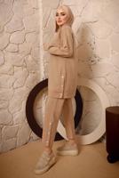 Tesettür giyim KAHVE KAPÜŞONLU DÜĞME DETAYLI İKİLİ PANTOLONLU TAKIM T 3292