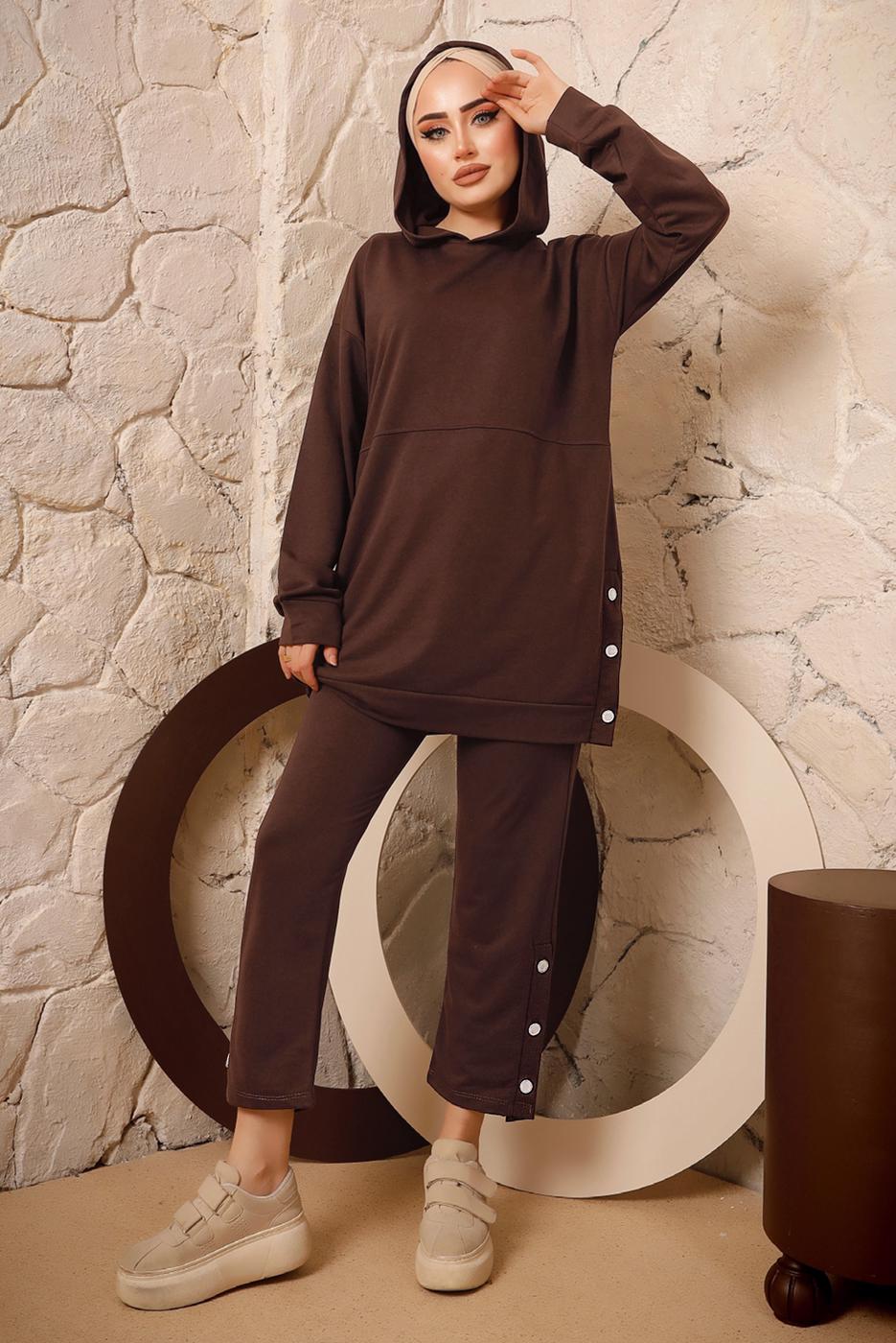 Tesettür giyim KAHVE KAPÜŞONLU DÜĞME DETAYLI İKİLİ PANTOLONLU TAKIM T 3292